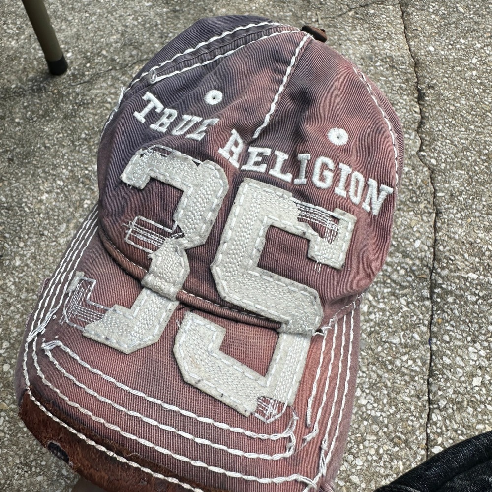 Vtg True Religion Distressed Trucker Hat Mens Navy Burgundy 35 Big T Stitch Cap